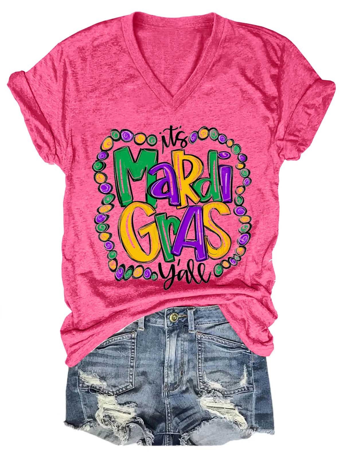 Women Mardi Gras V-Neck T-Shirt - Outlets Forever