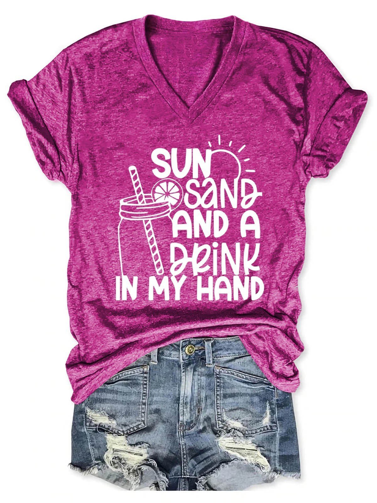 Women's Sun Sand and A Drink In My Hand V-Neck T-Shirt - Outlets Forever