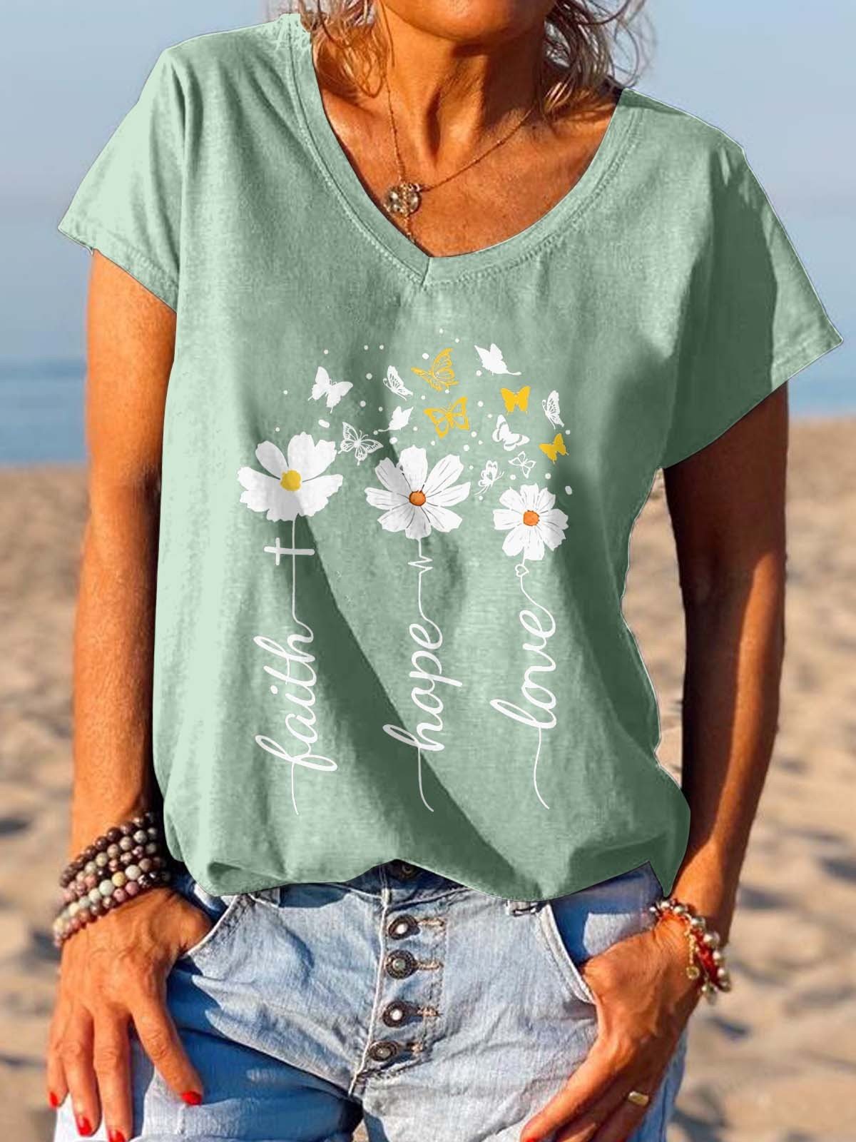 Women's Faith Hope Love Daisy Flower Tee - Outlets Forever