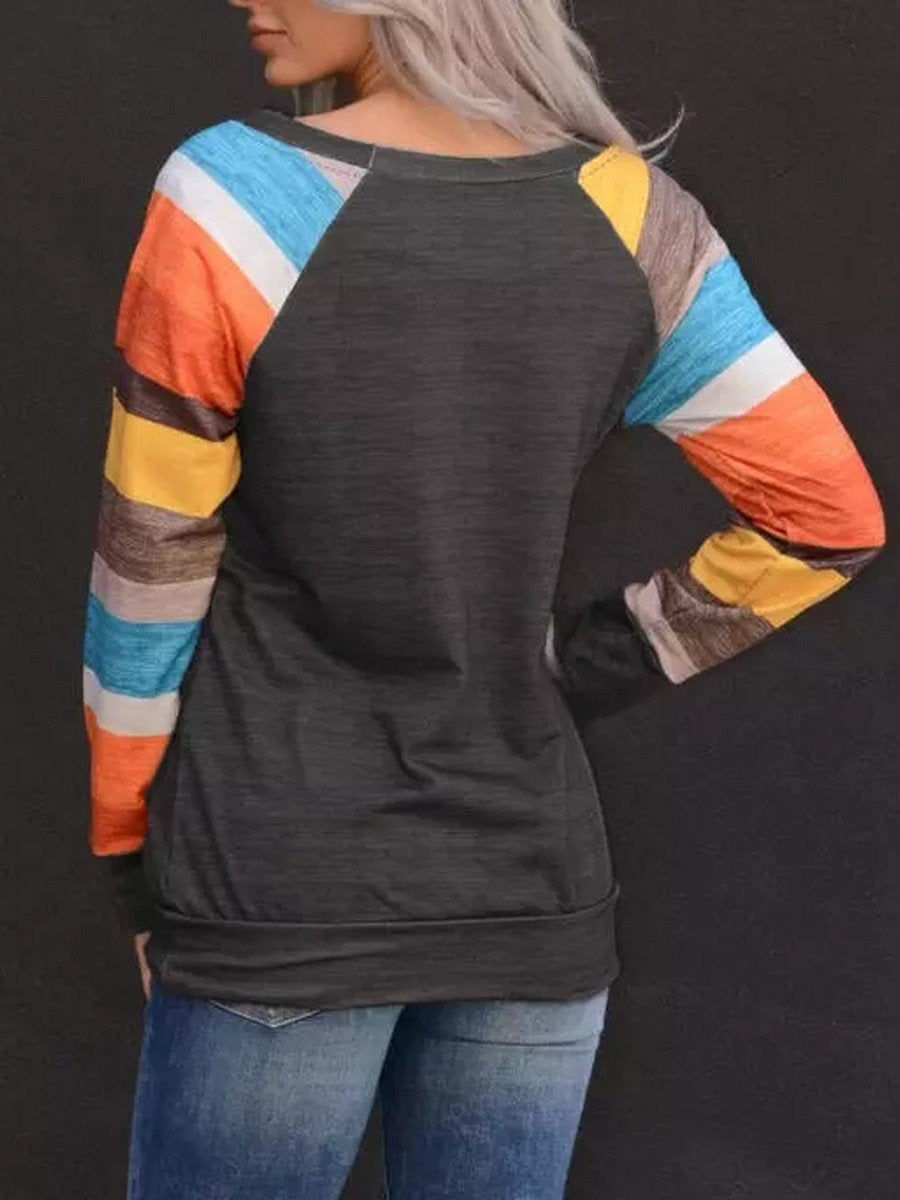 Color Block Striped O-Neck Long Sleeve T-Shirt - Outlets Forever