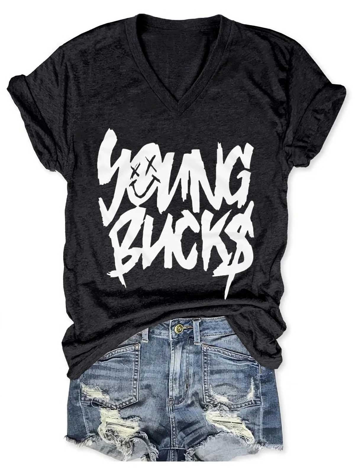 Women Young Bucks Smile V-Neck T-Shirt - Outlets Forever