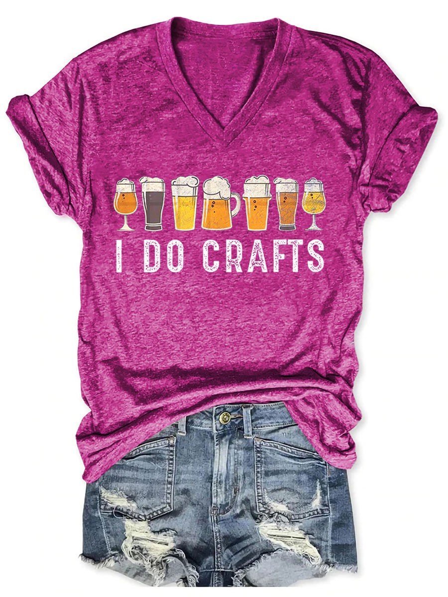 Women's  I Do Crafts Beer Lovers Print V-Neck T-Shirt - Outlets Forever