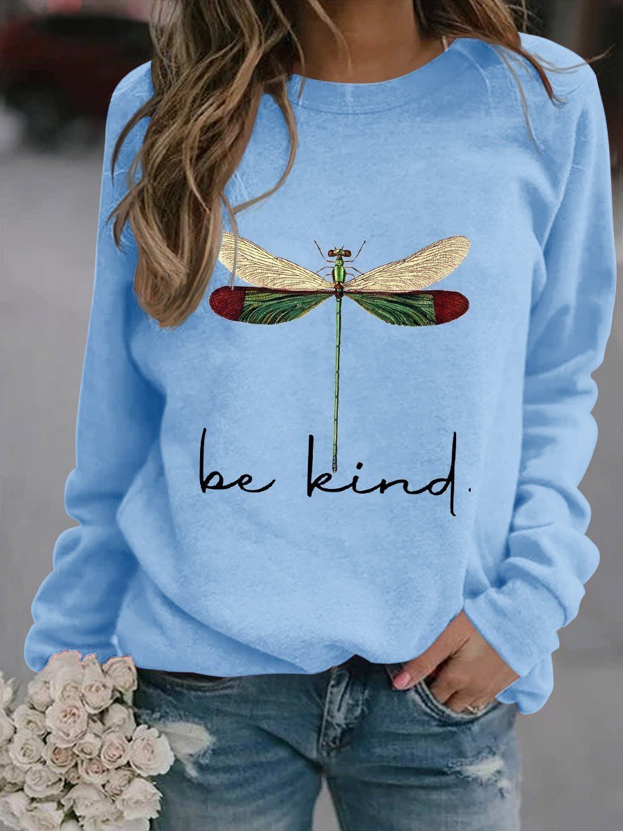 Women's Be Kind Dragonfly Graphic Long Sleeve Sweatshirt - Outlets Forever