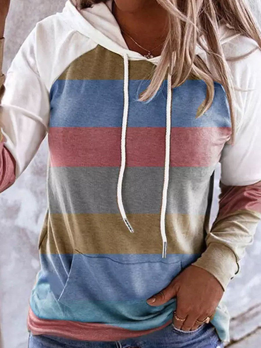 Striped Color Block Drawstring Kangaroo Pocket Hoodie - Outlets Forever