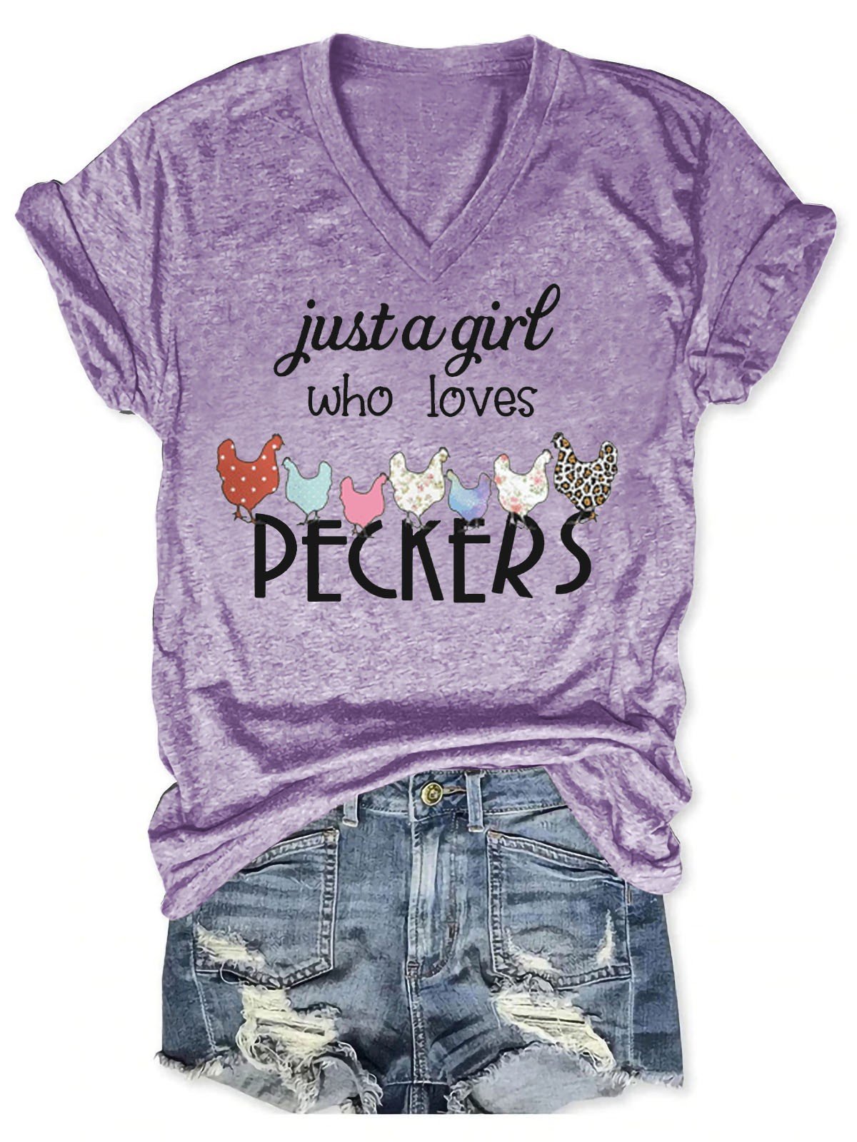 Women's Just A Girl Who Loves Peckers V-Neck T-Shirt - Outlets Forever