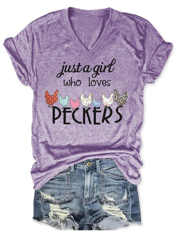 Women's Just A Girl Who Loves Peckers V-Neck T-Shirt