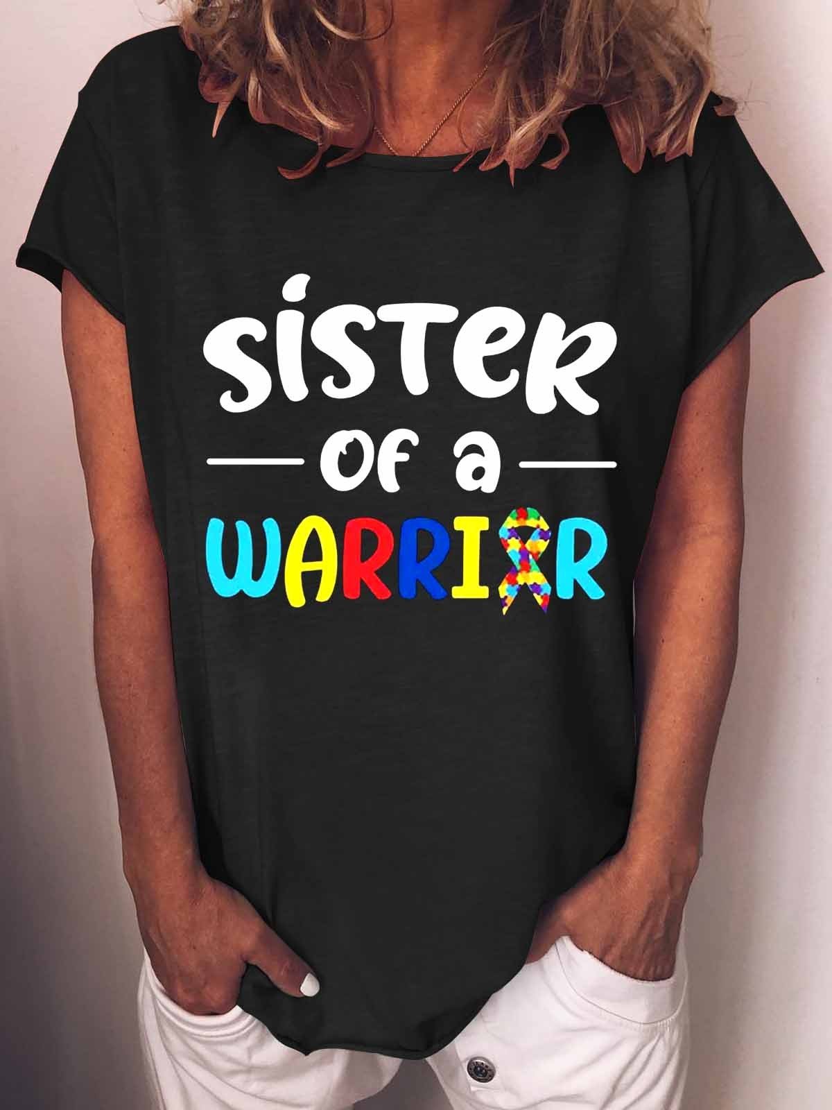 Women's Autism Family Sister Sister Of A Warrior Autism Awareness  T-Shirt - Outlets Forever