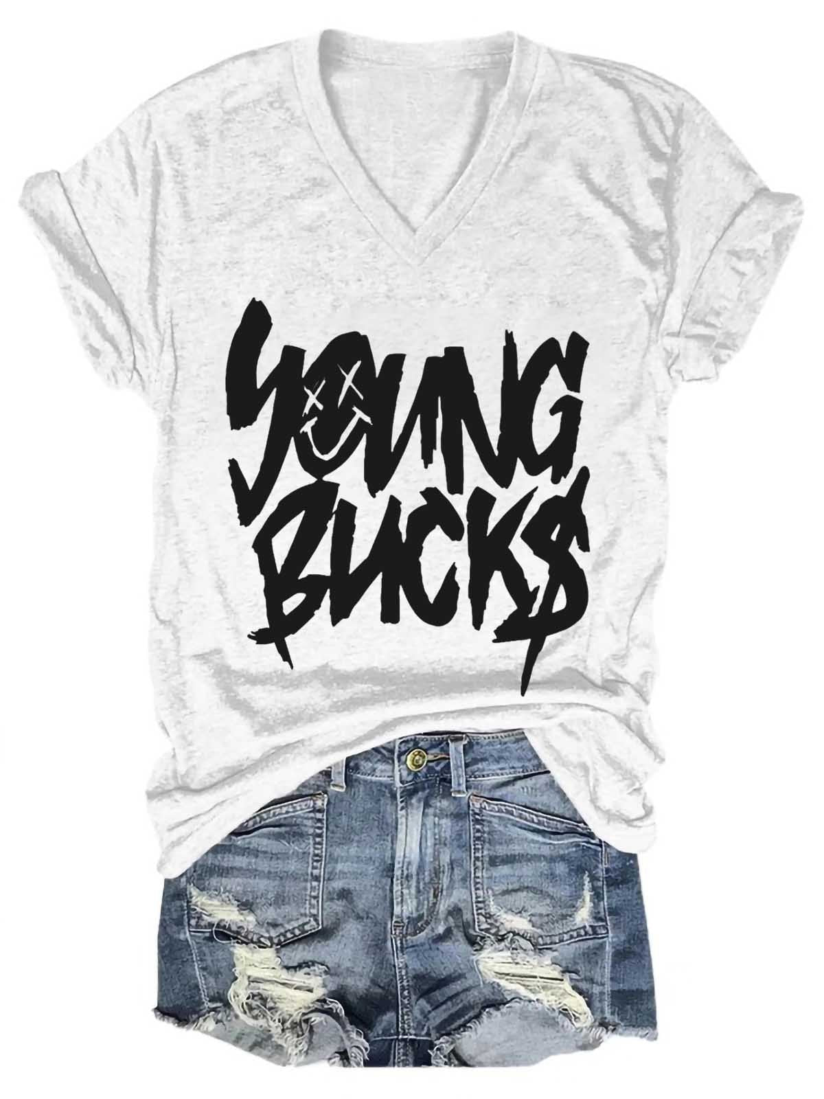 Women Young Bucks Smile V-Neck T-Shirt - Outlets Forever