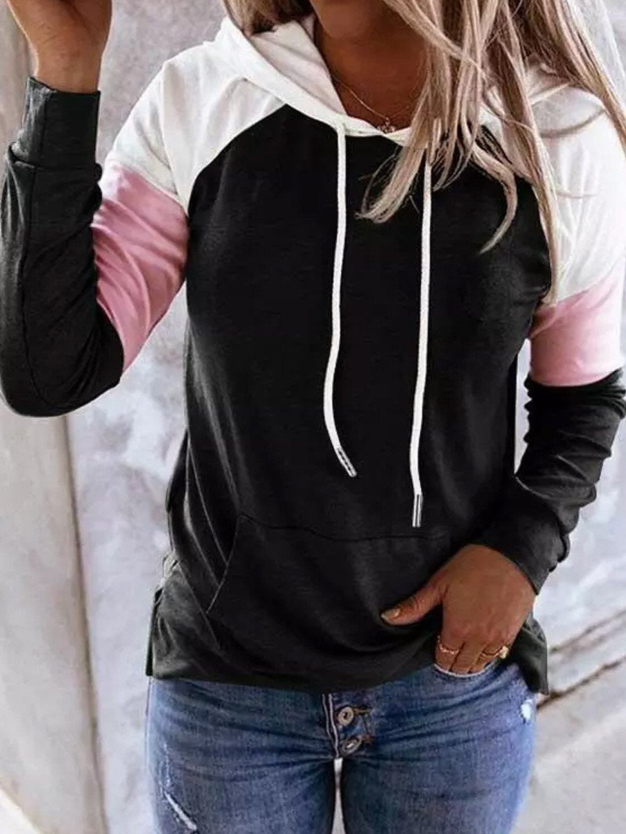 Color Block Drawstring Kangaroo Pocket Hoodie - Outlets Forever