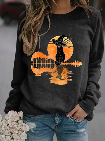 Women Black Cat Graphic Halloween Sweatshirt