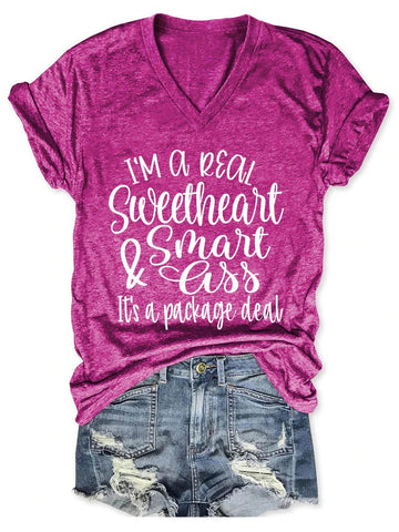 Women's I'm A Real Sweetheart It's A Package Deal V-Neck T-Shirt - Outlets Forever