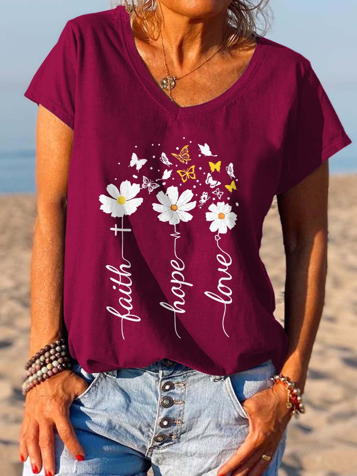 Women's Faith Hope Love Daisy Flower Tee - Outlets Forever