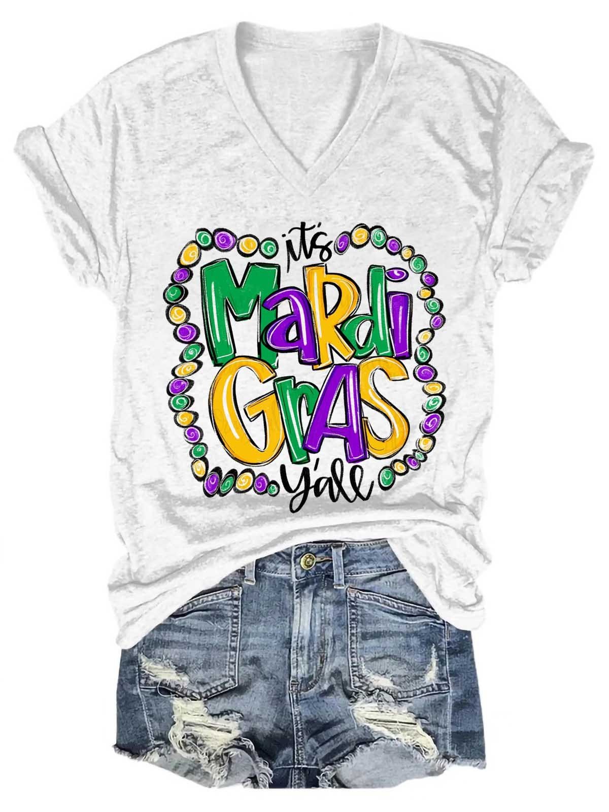Women Mardi Gras V-Neck T-Shirt - Outlets Forever