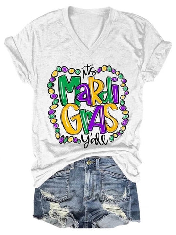 Women Mardi Gras V-Neck T-Shirt - Outlets Forever
