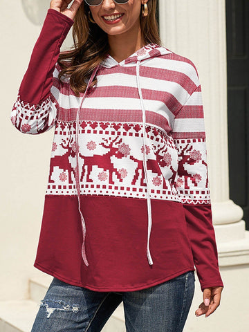 Striped Reindeer Print Pullover Sweatshirt - Outlets Forever