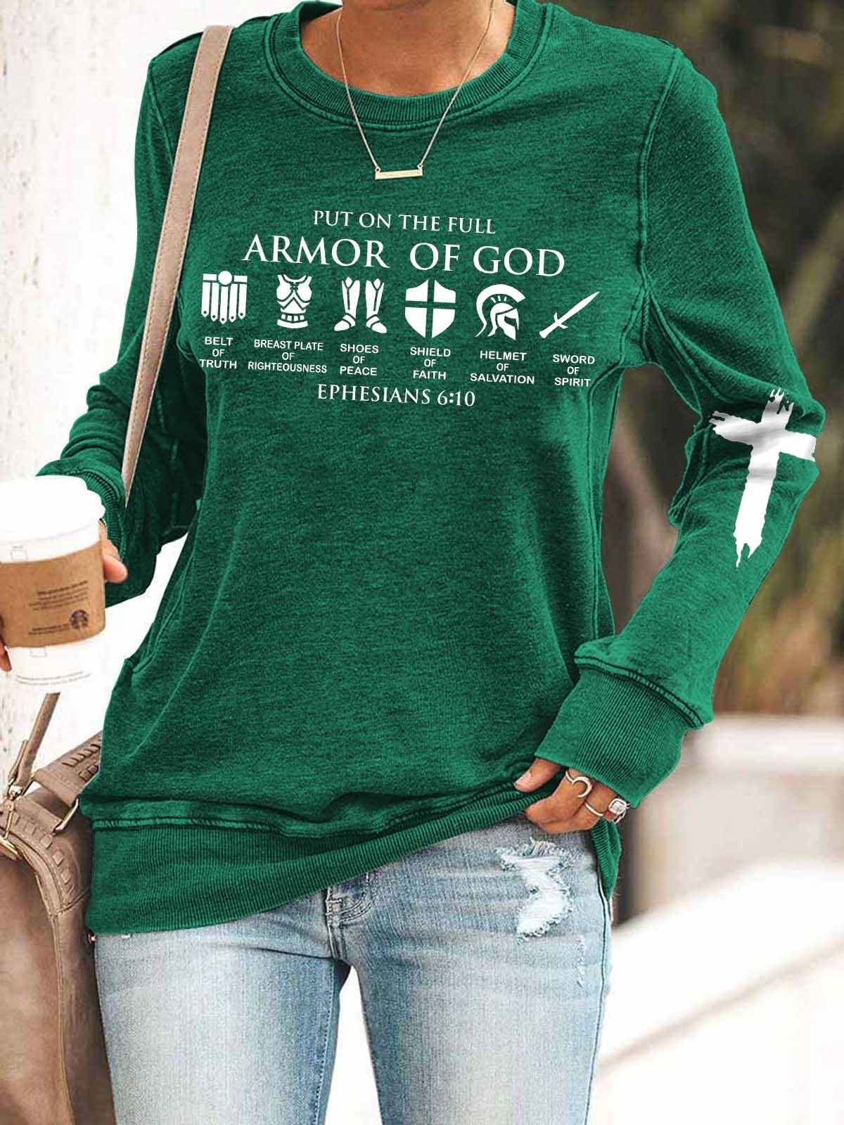 Women Put On The Full Armor Of God Print Long Sleeve Top - Outlets Forever