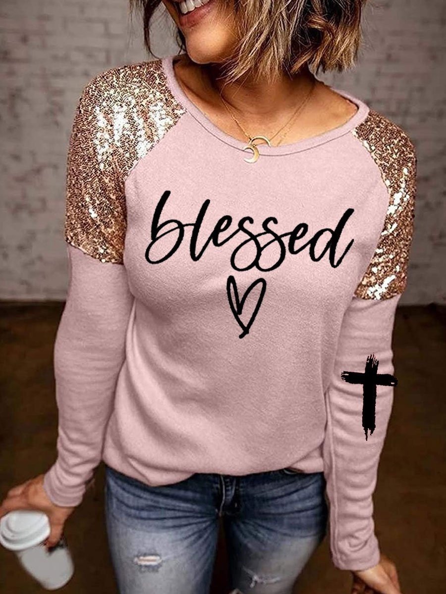 Women's Blessed Sequins Long Sleeve T-Shirt - Outlets Forever