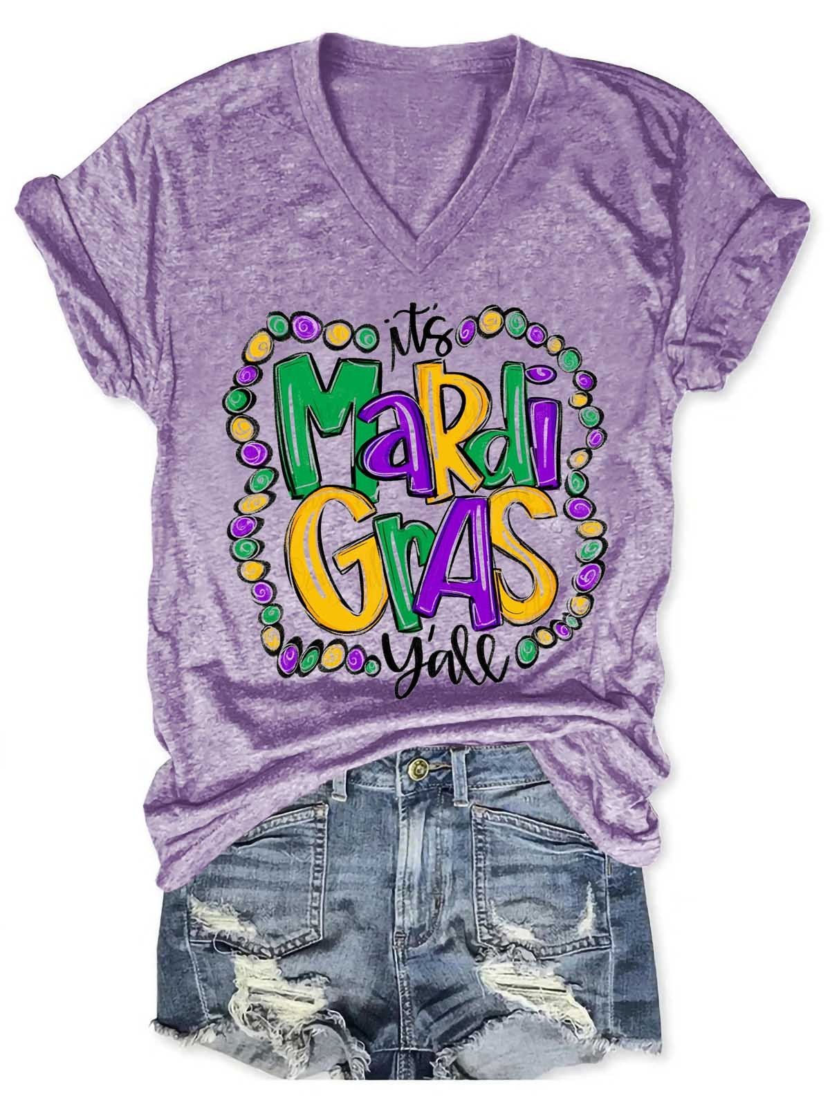 Women Mardi Gras V-Neck T-Shirt - Outlets Forever