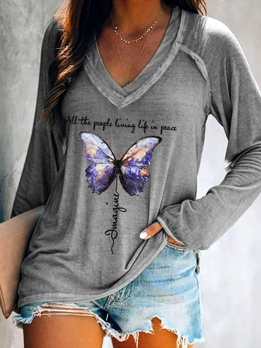 Women's Imagine All The People Living Life In Peace Butterfly V-neck Long Sleeve T-shirt - Outlets Forever