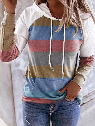 Striped Color Block Drawstring Kangaroo Pocket Hoodie - Outlets Forever