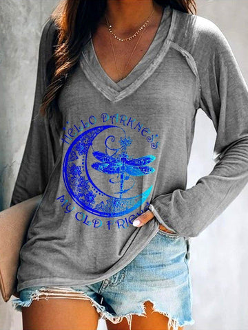 Women's Whisper Hello Darkness My Old Friend Moon And Dragonfly V-neck Long Sleeve T-shirt - Outlets Forever