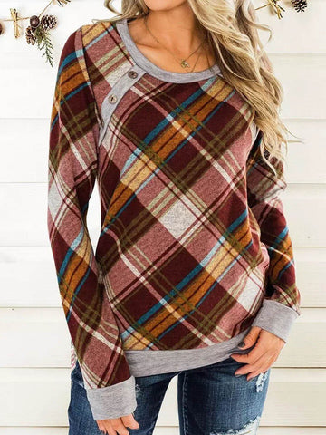 Plaid Splicing Button Long Sleeve T-Shirt