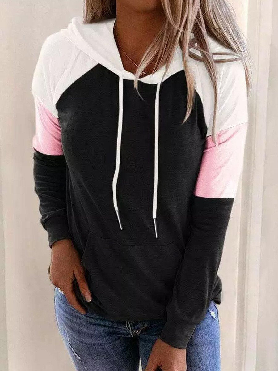 Color Block Drawstring Kangaroo Pocket Hoodie - Outlets Forever