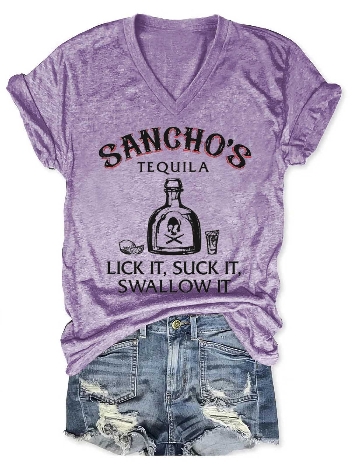 Women's Sancho's Tequila Lick It Suck It Swallow It V-Neck T-Shirt - Outlets Forever