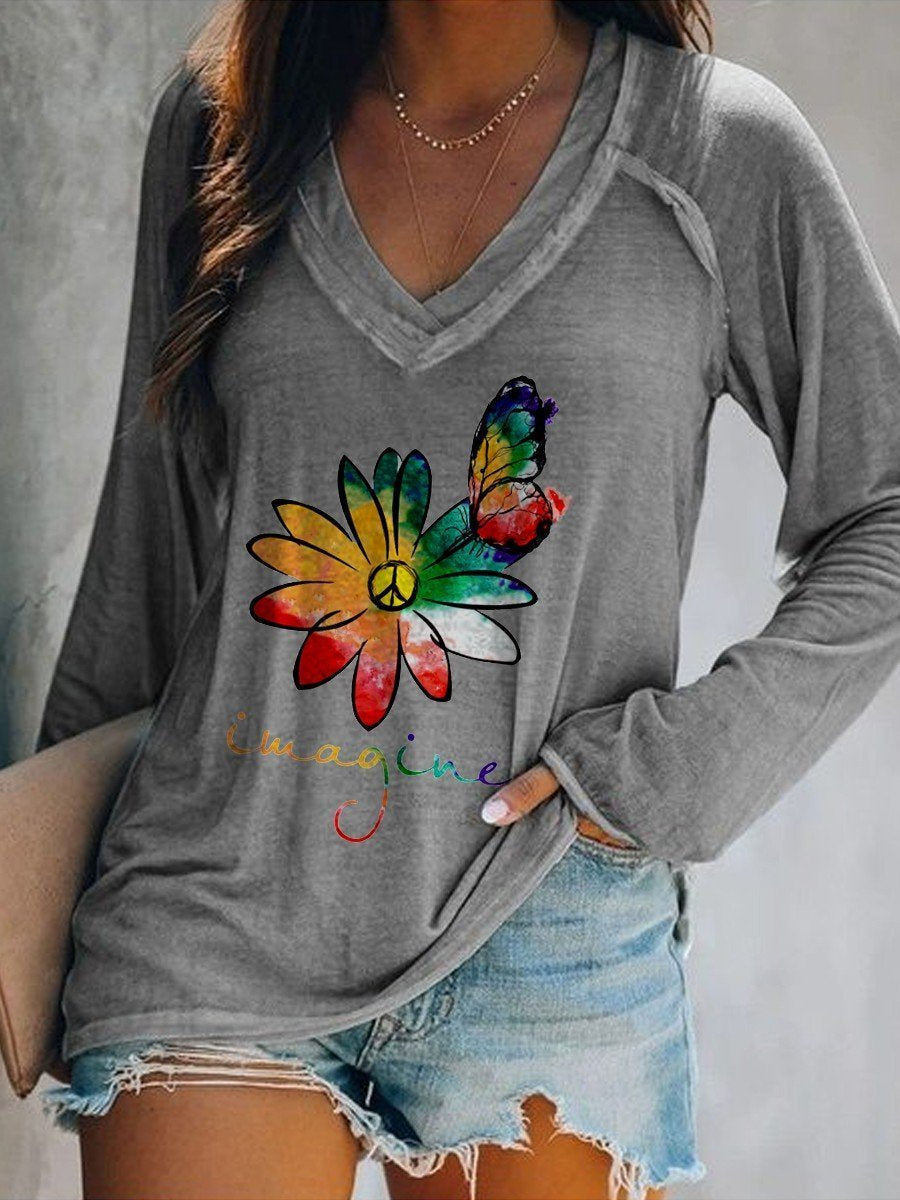 Women Imagine Hippie Flower Long Sleeve T-Shirt - Outlets Forever