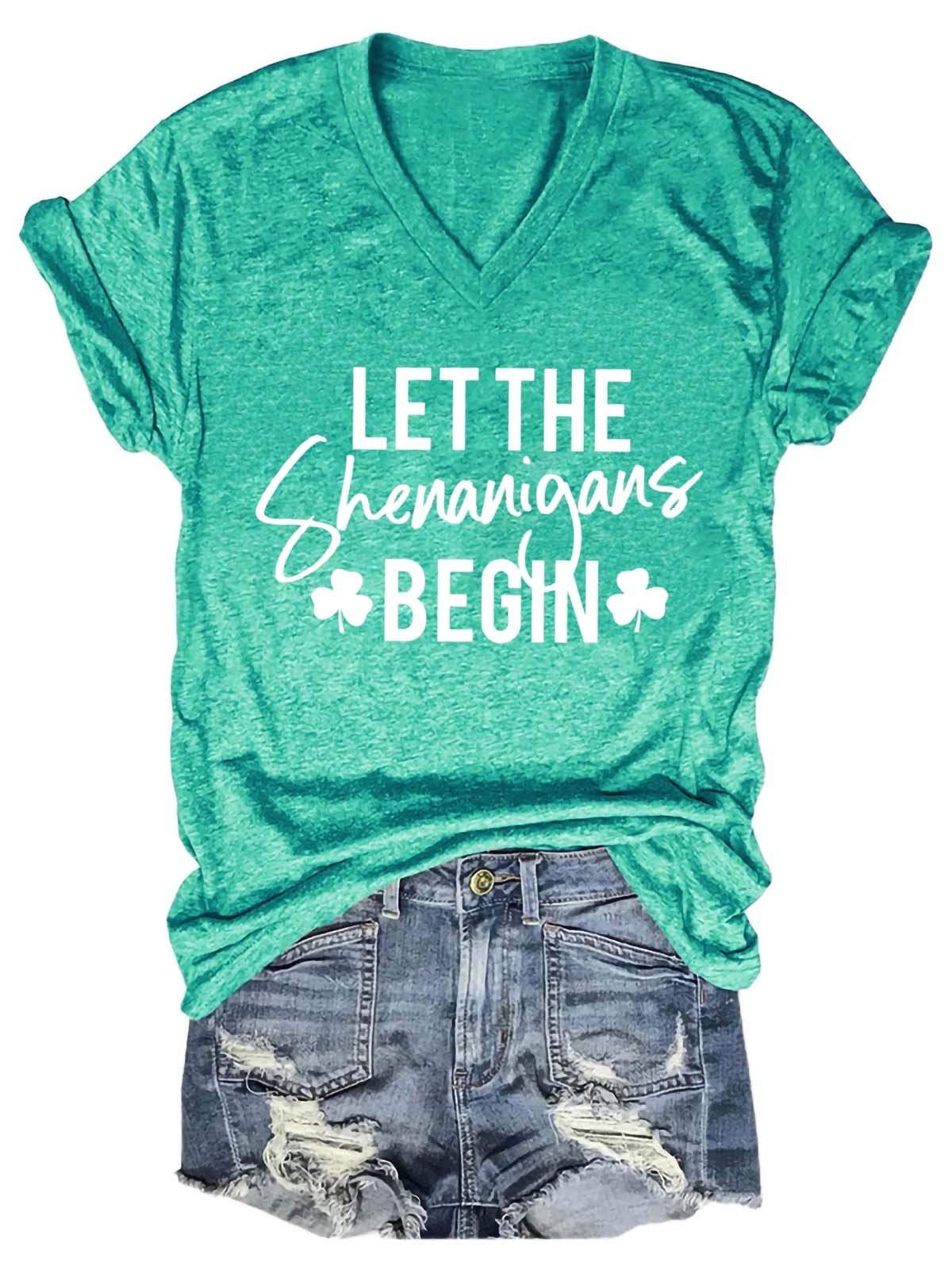 Women's Let The Shenanigans Begin St Patricks Day Party V-Neck T-Shirt - Outlets Forever