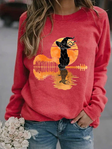 Women Black Cat Graphic Halloween Sweatshirt