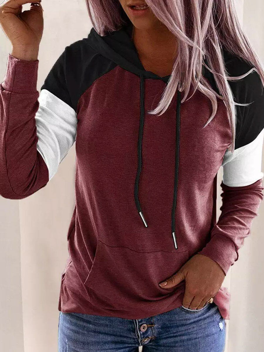 Color Block Drawstring Kangaroo Pocket Hoodie - Outlets Forever