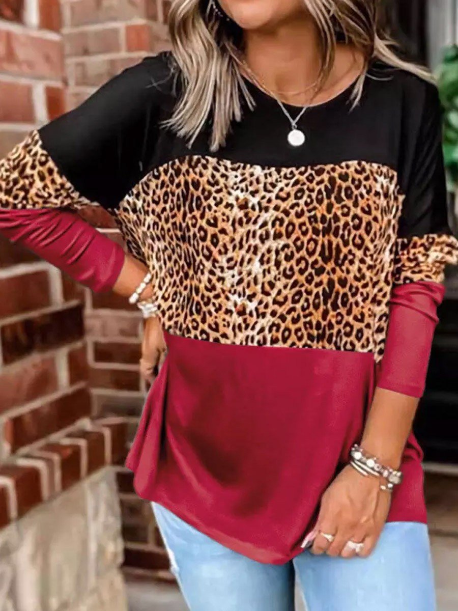 Leopard Splicing Color Block Long Sleeve T-Shirt - Outlets Forever