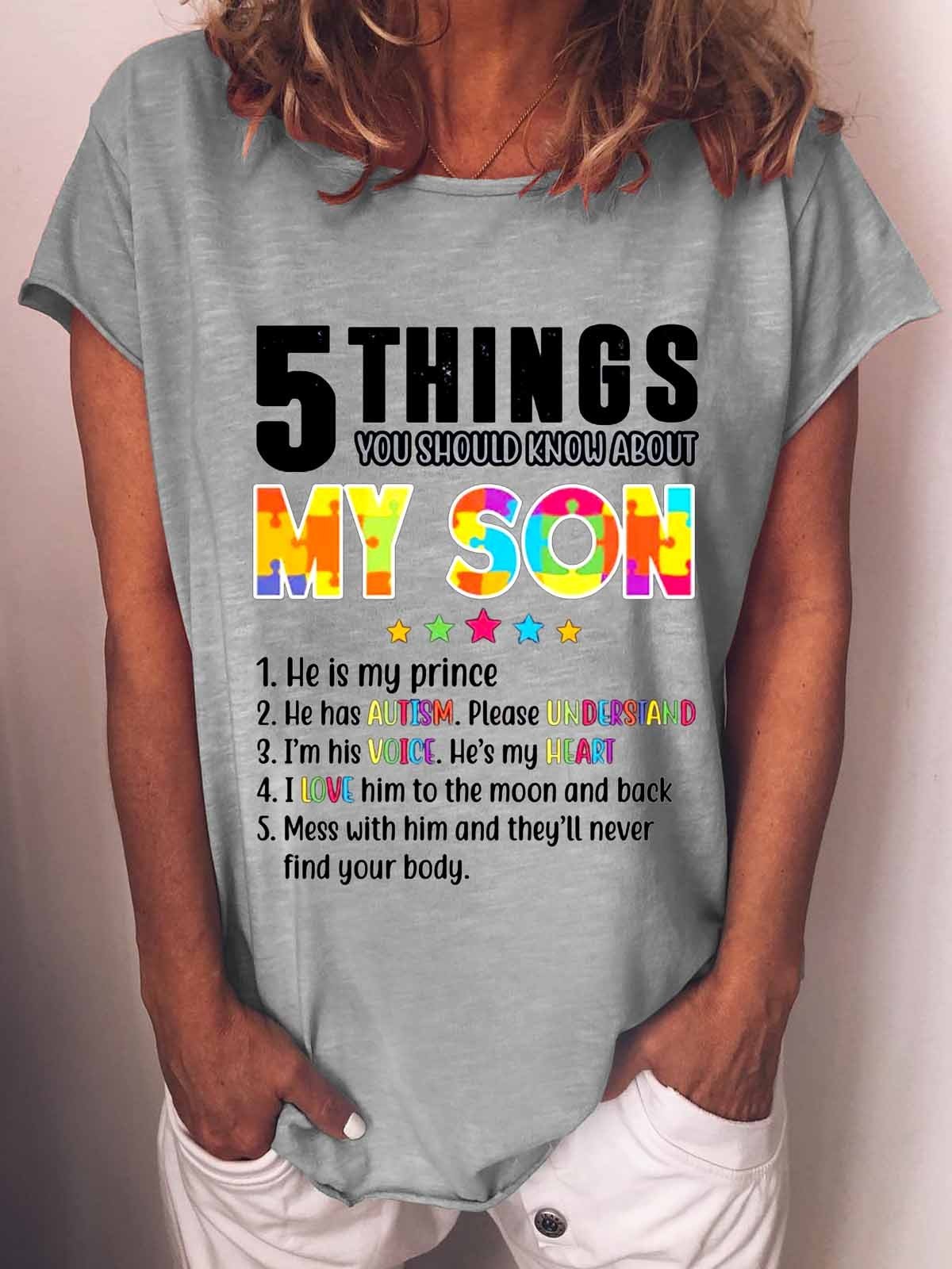 Women's Autism Family Son Five Things You Should Know About My Son Autism T-Shirt - Outlets Forever