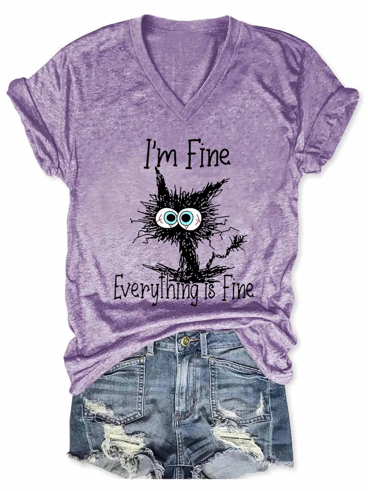 Women's Funny Cat It's Fine I'm Fine Everything's Fine V-Neck T-Shirt - Outlets Forever