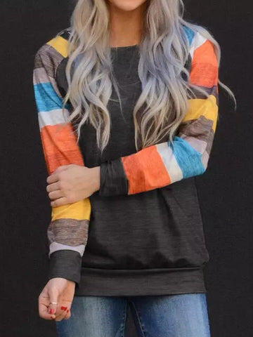 Color Block Striped O-Neck Long Sleeve T-Shirt - Outlets Forever