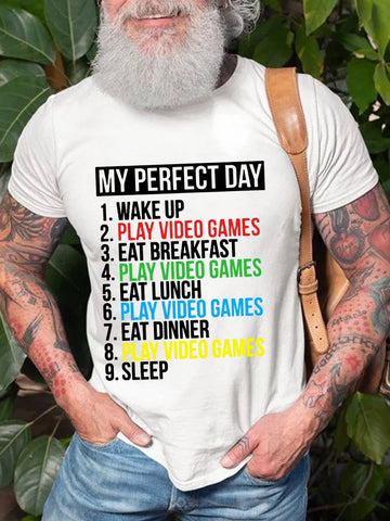Men's Funny Cool Gamer My Perfect Day Video Games Cotton T-shirt