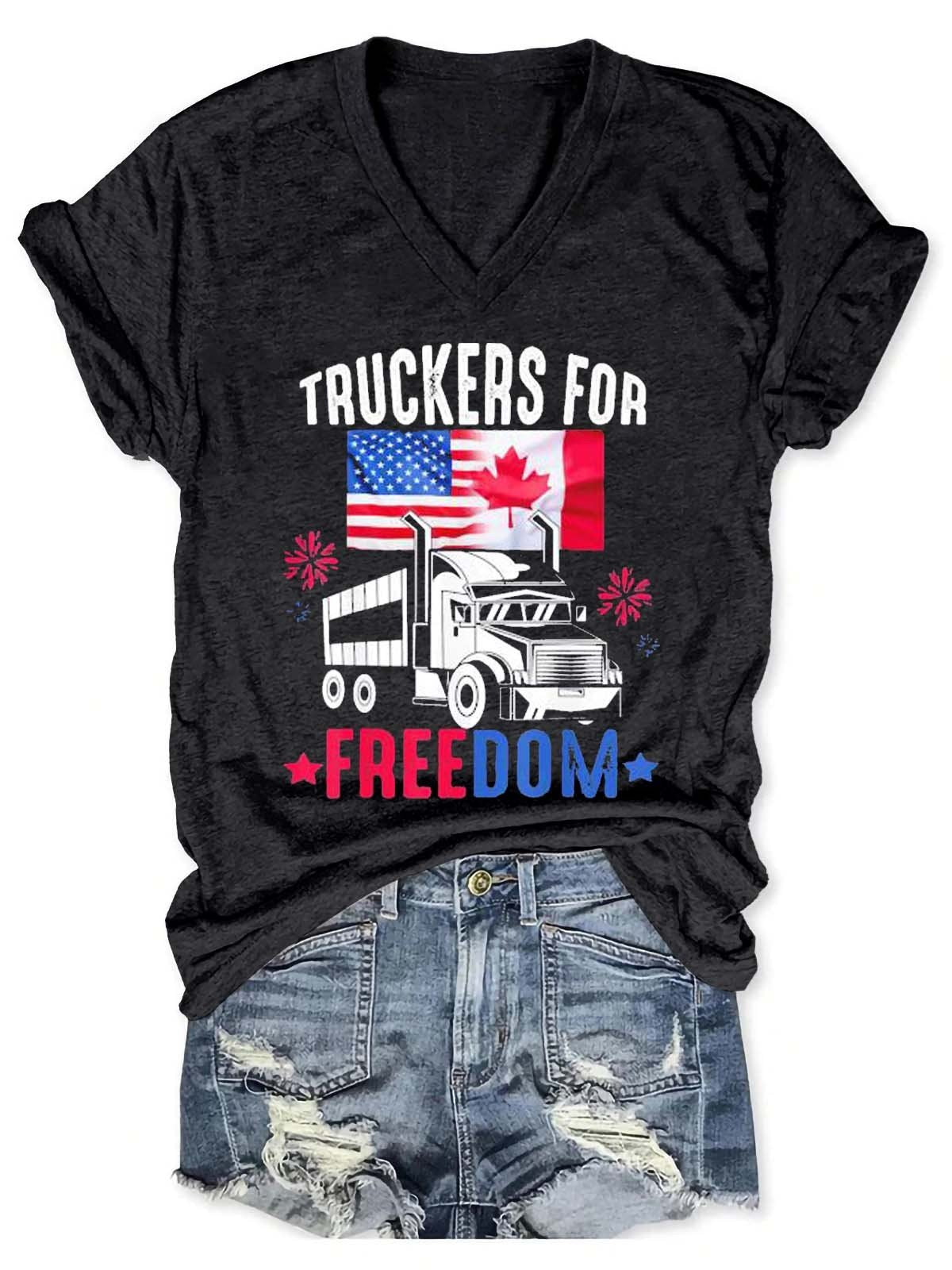Women's Trucker for freedom Canada freedom convoy 2022 Canada flag V-Neck T-Shirt - Outlets Forever