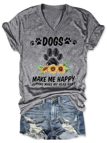 Dog Makes Me Happy Text Print Women's T-shirt