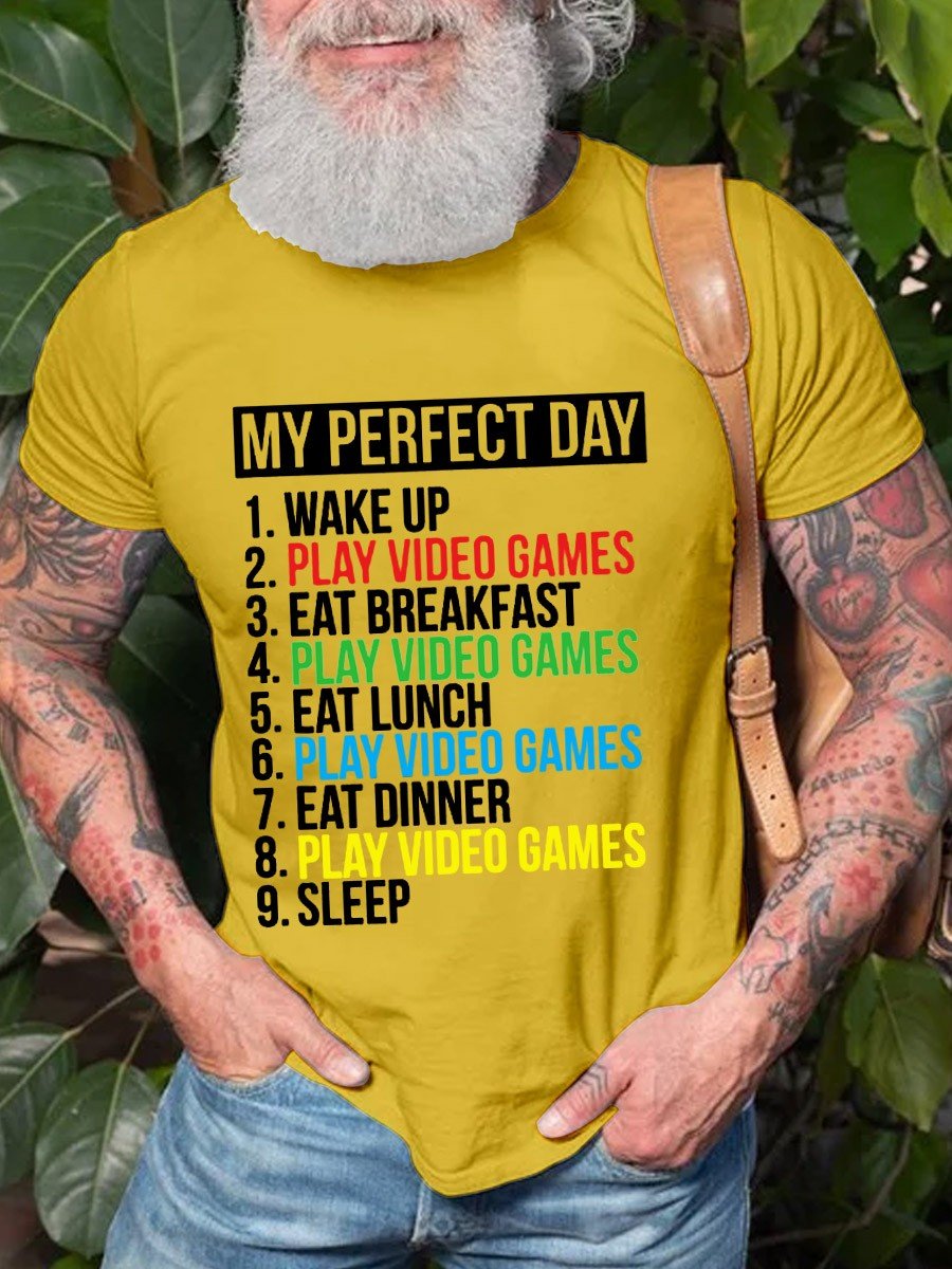 Men's Funny Cool Gamer My Perfect Day Video Games Cotton T-shirt - Outlets Forever