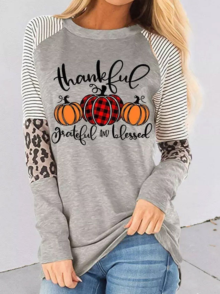 Thankful Striped Leopard Splicing Plaid Pumpkin Long Sleeve T-Shirt - Outlets Forever