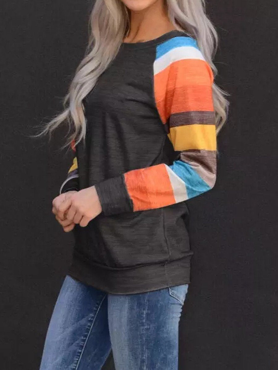 Color Block Striped O-Neck Long Sleeve T-Shirt - Outlets Forever