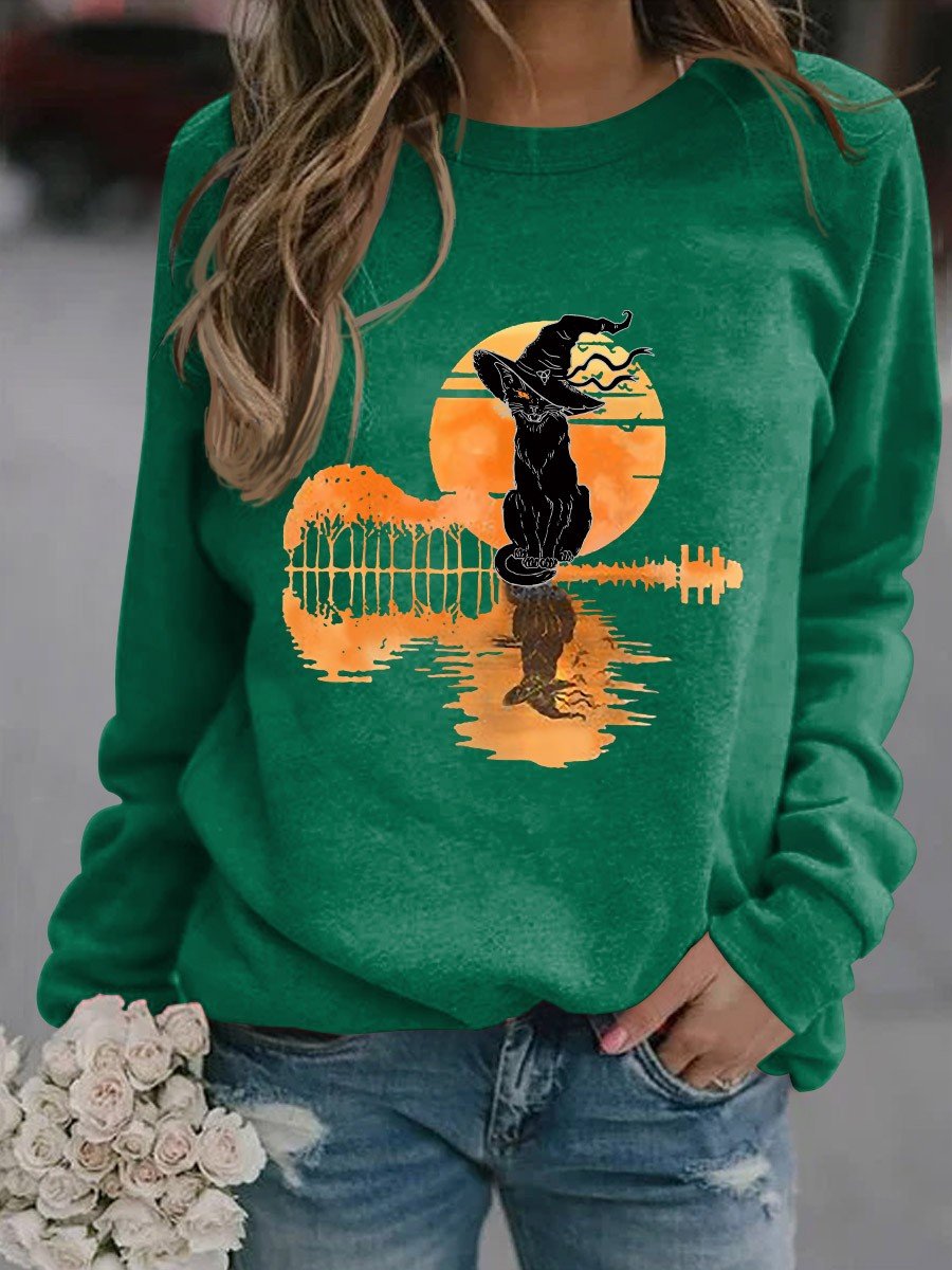 Women Black Cat Graphic Halloween Sweatshirt - Outlets Forever