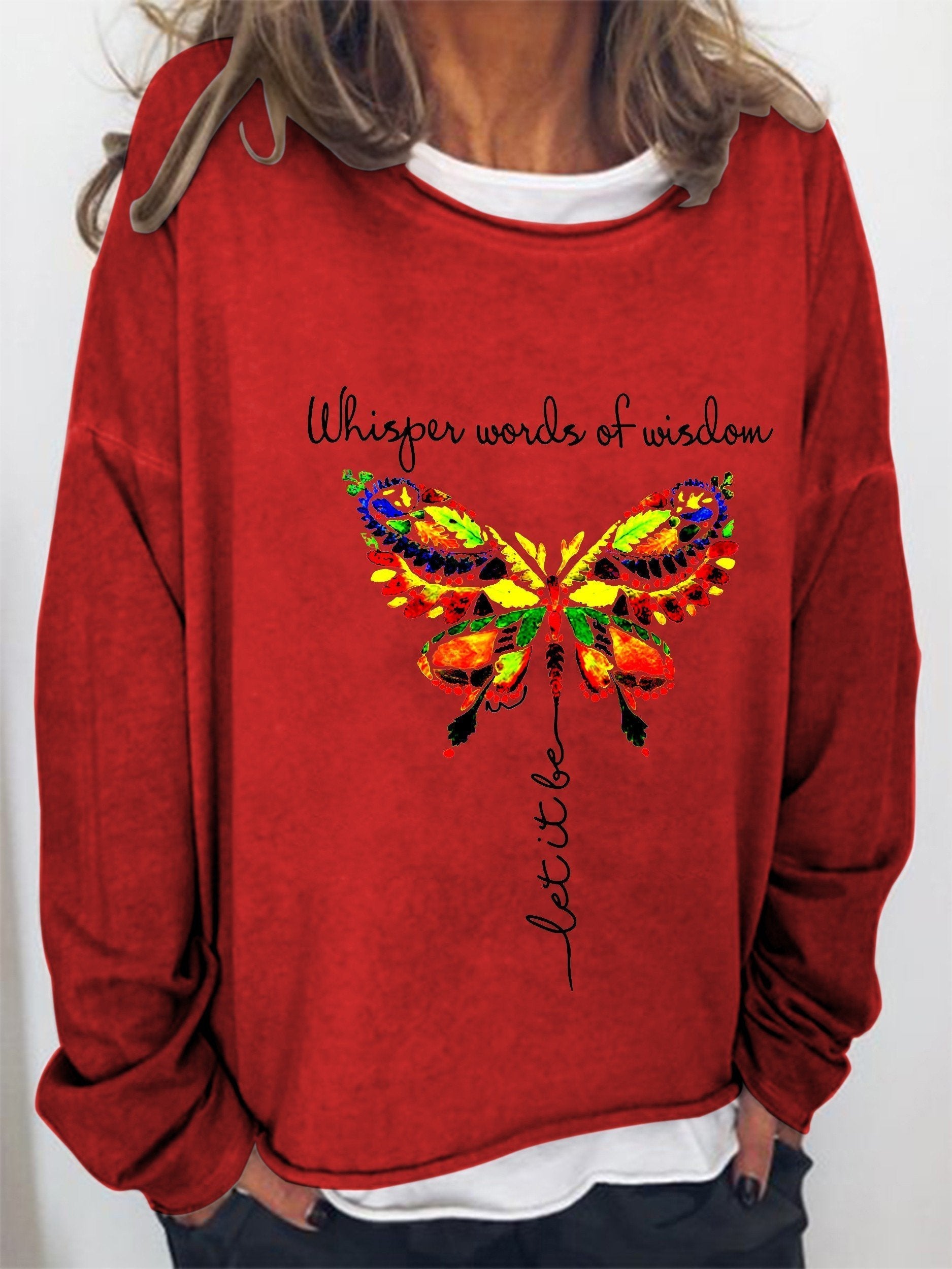 Women Whisper Words Of Wisdom Let It Be Butterfly Long Sleeve Top - Outlets Forever