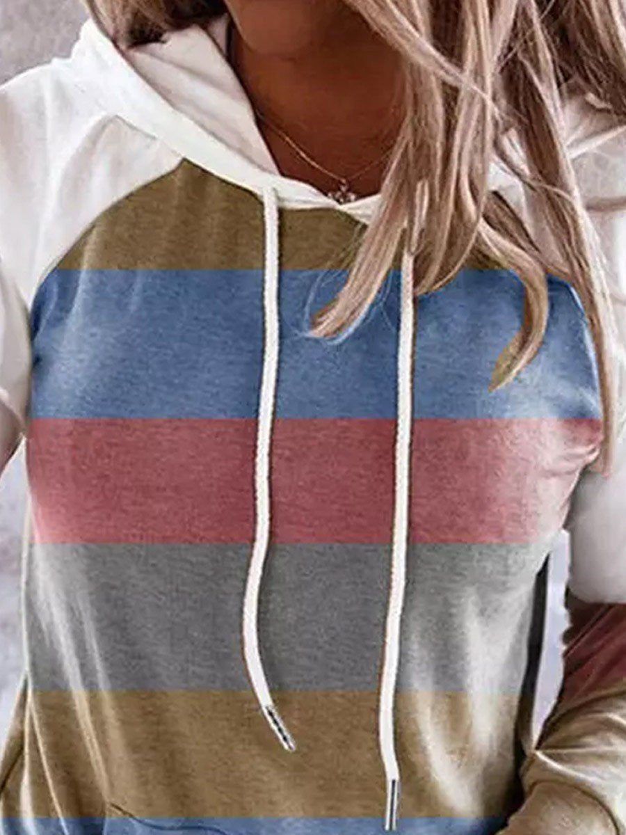 Striped Color Block Drawstring Kangaroo Pocket Hoodie - Outlets Forever