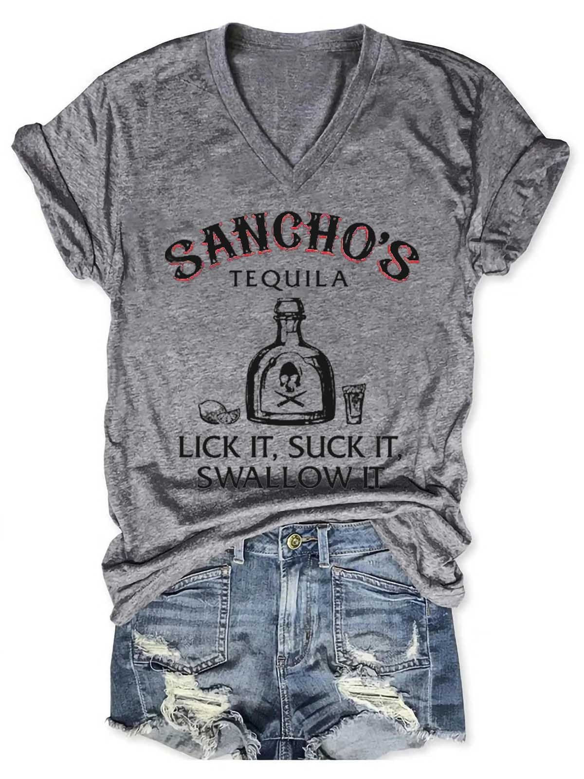 Women's Sancho's Tequila Lick It Suck It Swallow It V-Neck T-Shirt - Outlets Forever