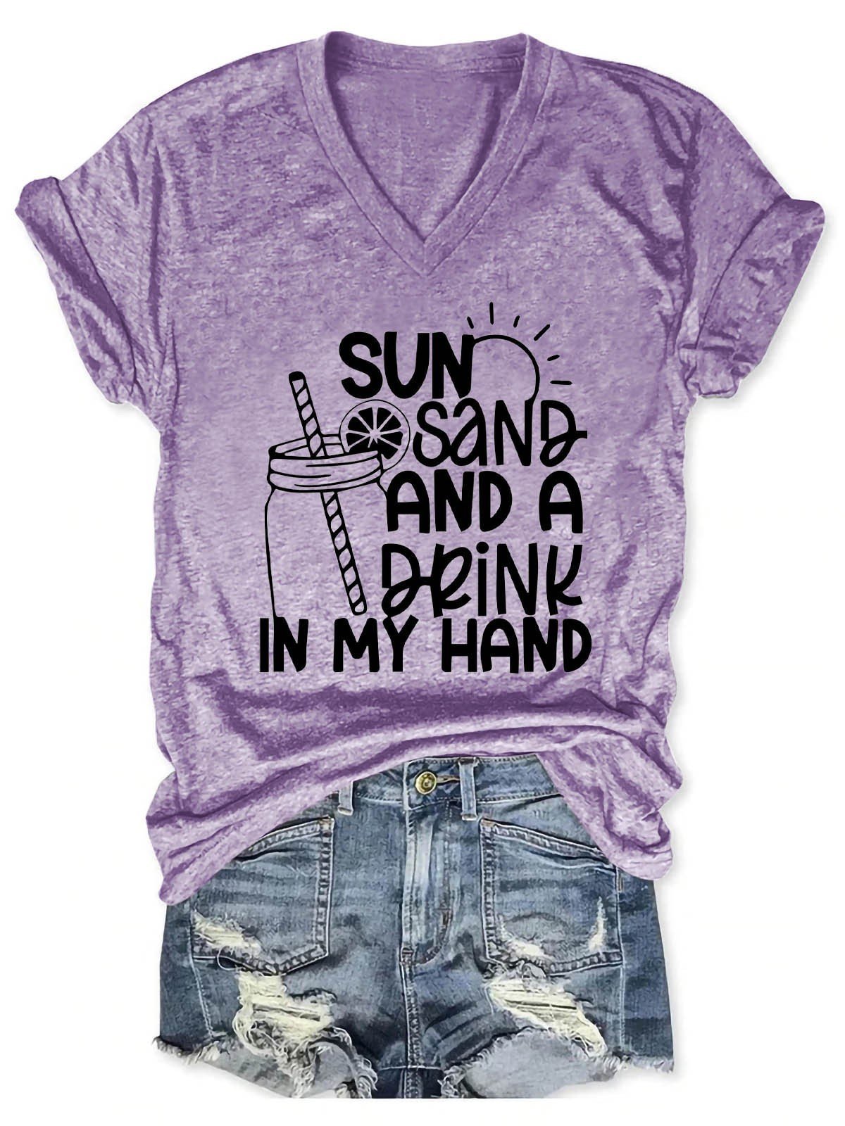 Women's Sun Sand and A Drink In My Hand V-Neck T-Shirt - Outlets Forever
