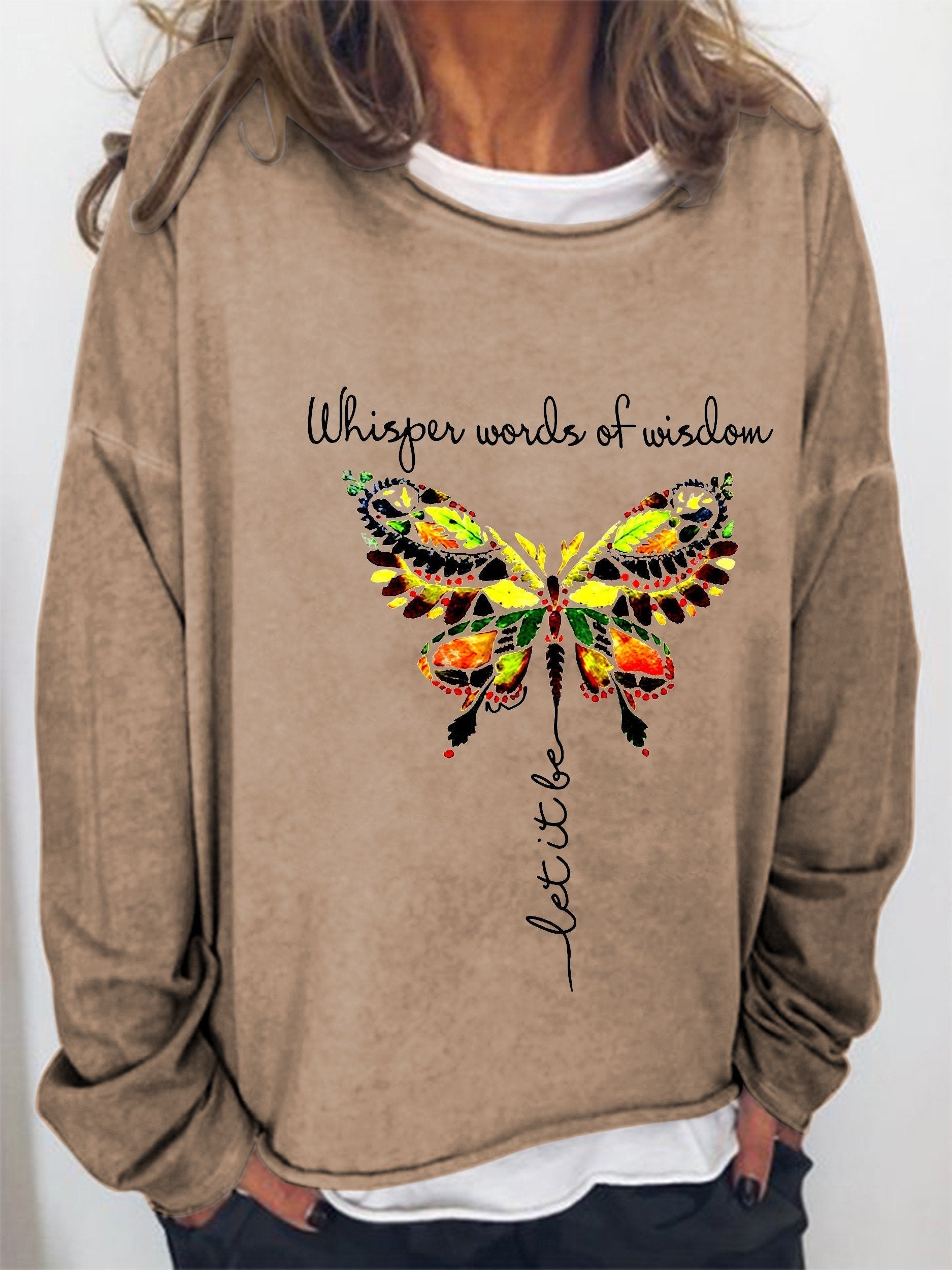 Women Whisper Words Of Wisdom Let It Be Butterfly Long Sleeve Top - Outlets Forever