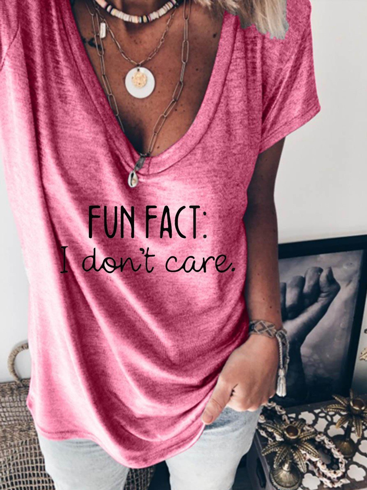 Fun Fact I Don't Care Women's V-Neck T-Shirt - Outlets Forever