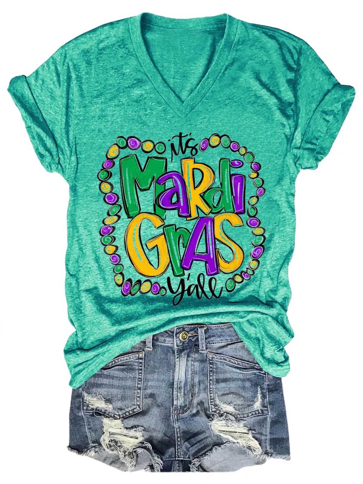 Women Mardi Gras V-Neck T-Shirt - Outlets Forever